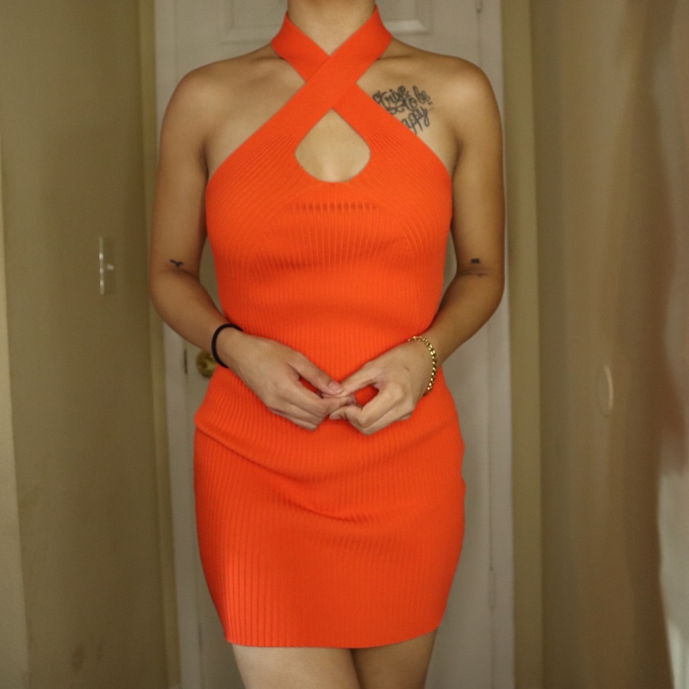 Red orange halter neck ribbed bodycon dress